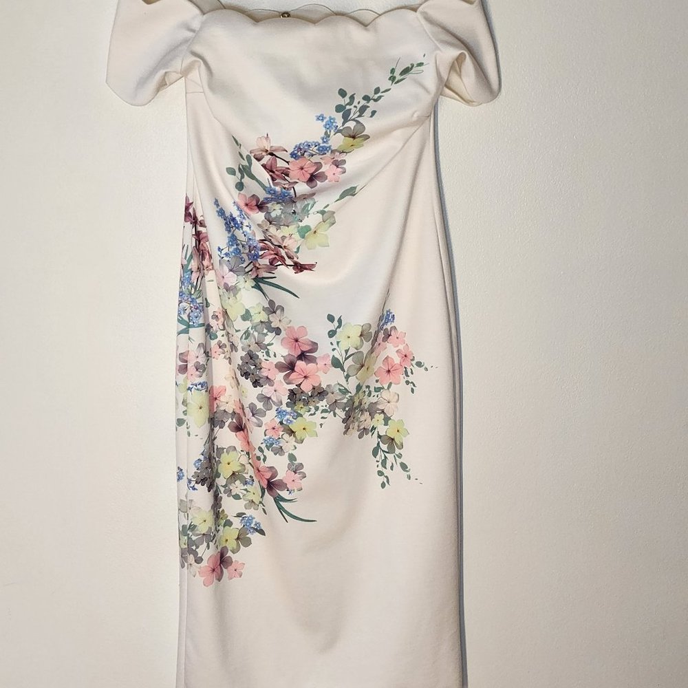 Ted Baker Off-Shoulder Midi Dress | Polyester Blend | White, Floral Print | US 2